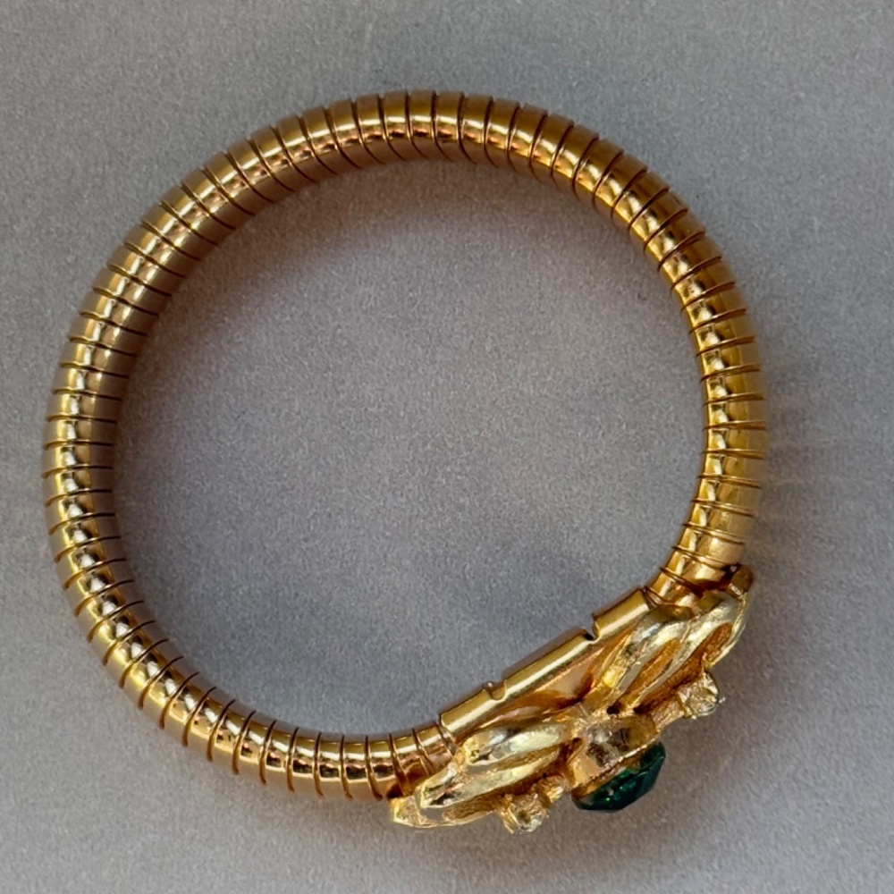 Bracelet Stretch Golden Green Clear Rhinestones Golden Vintage - Picture 3 of 6